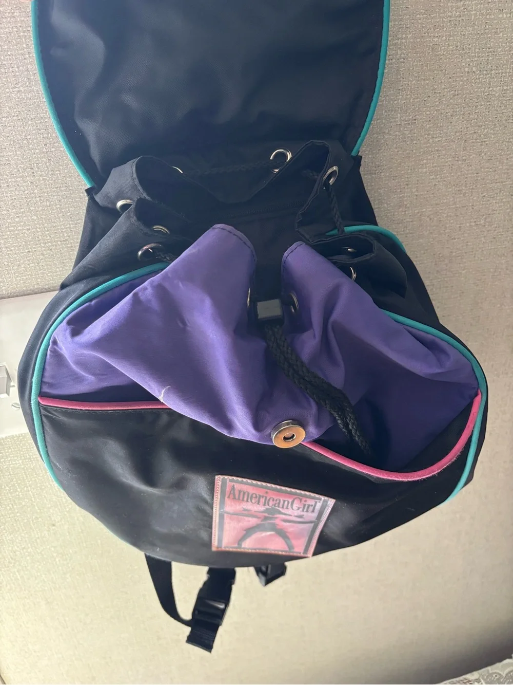 American Girl Black Backpack with Purple and Teal Accents